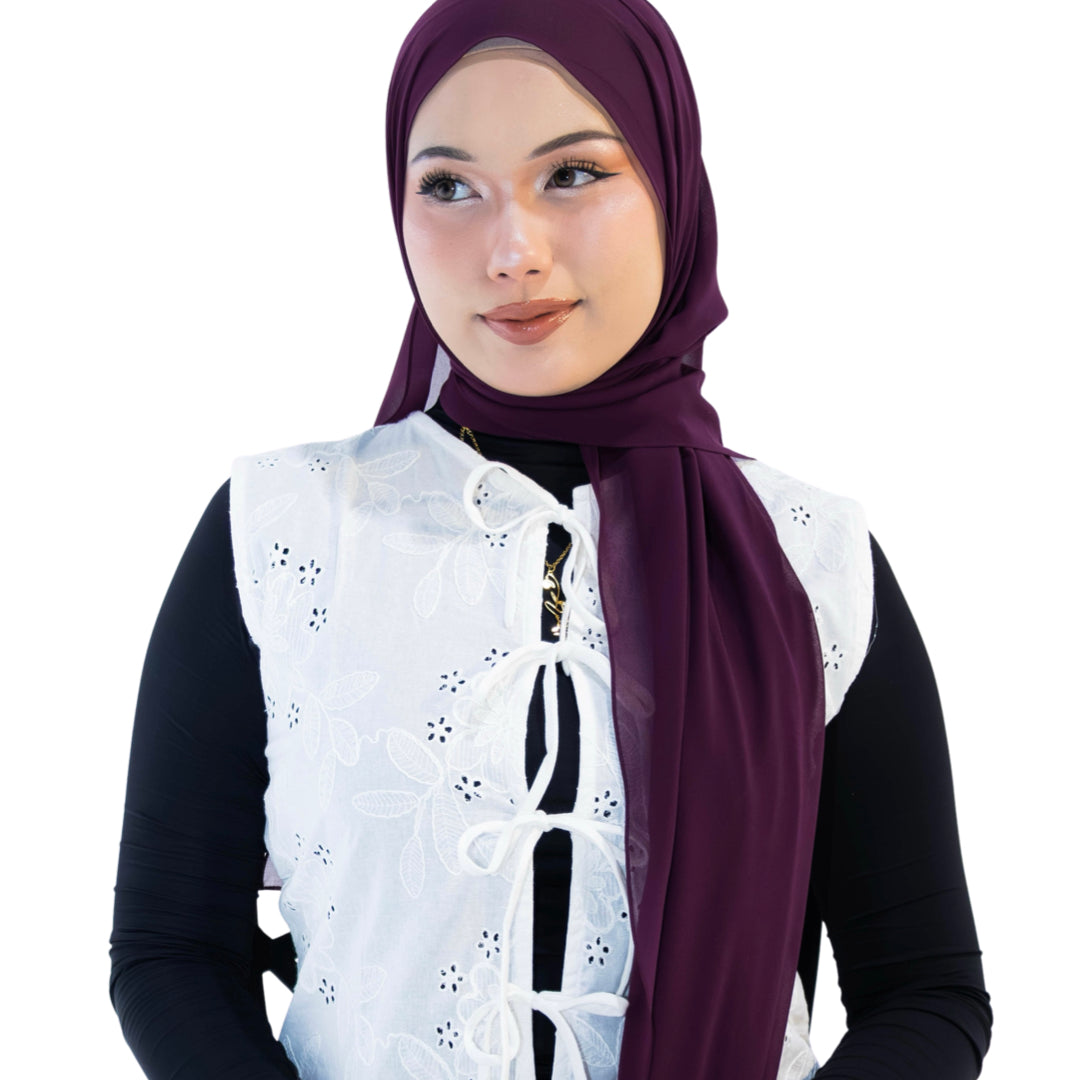 Soof Seracell chiffon scarf in Mulberry Plum, shown draped with soft translucency.