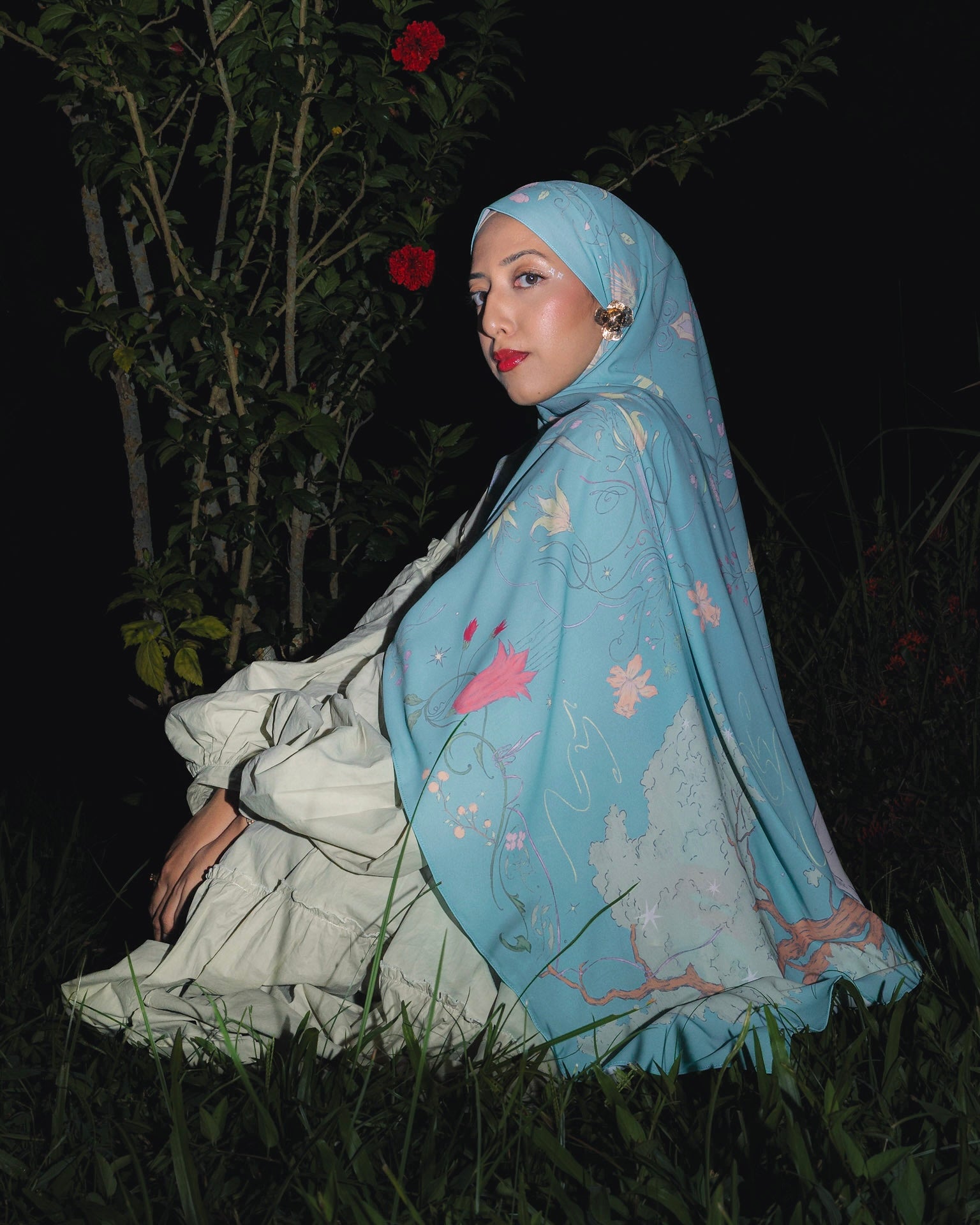 Soof Fotosynthesia printed korean chiffon hijab scarf in blue.